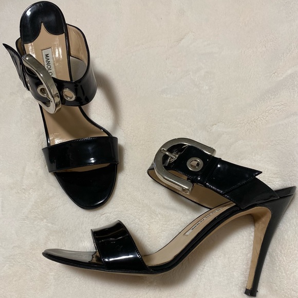 MANOLO BLAHNIK Black BILA Patent Leather Mules Size 7 - Picture 3 of 5